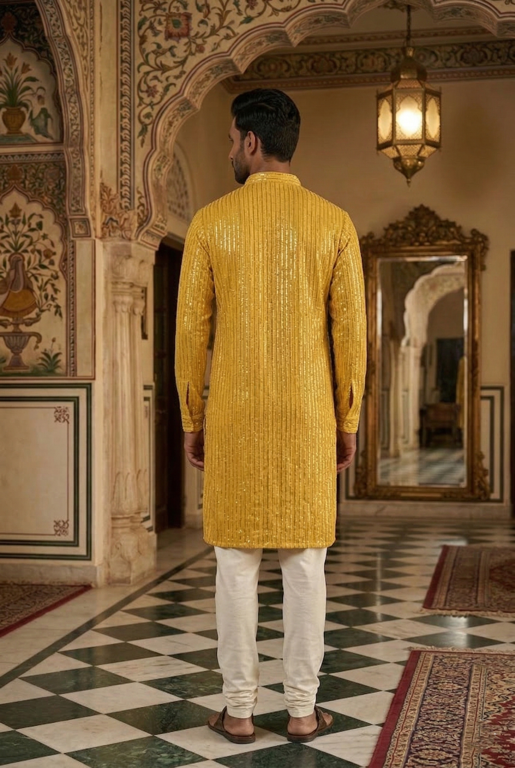 Men's Mustard Yellow Sequin Designer Kurta  Pajama