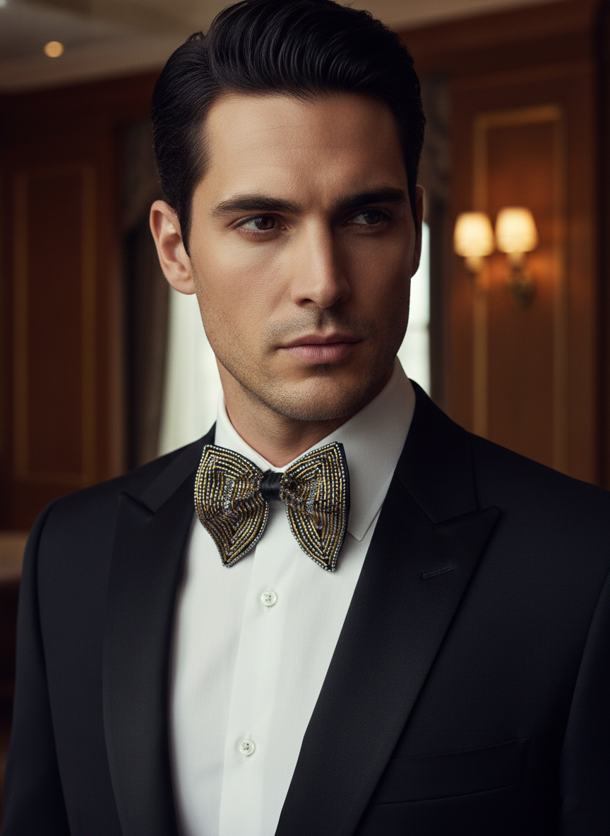 Luxurious Gold Bronze and Silver Beaded Statement Bow Tie