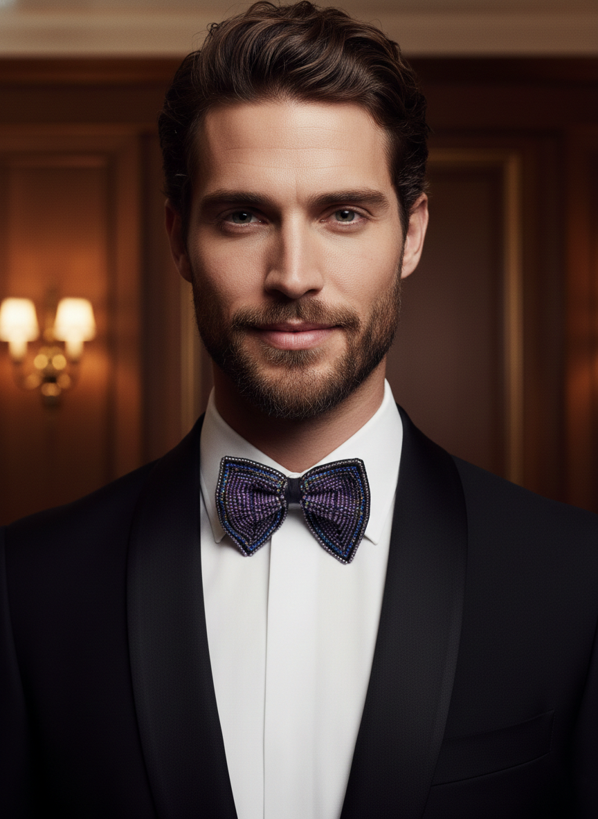 Luxury Black Bowtie with Purple and Blue Geometric Beadwork