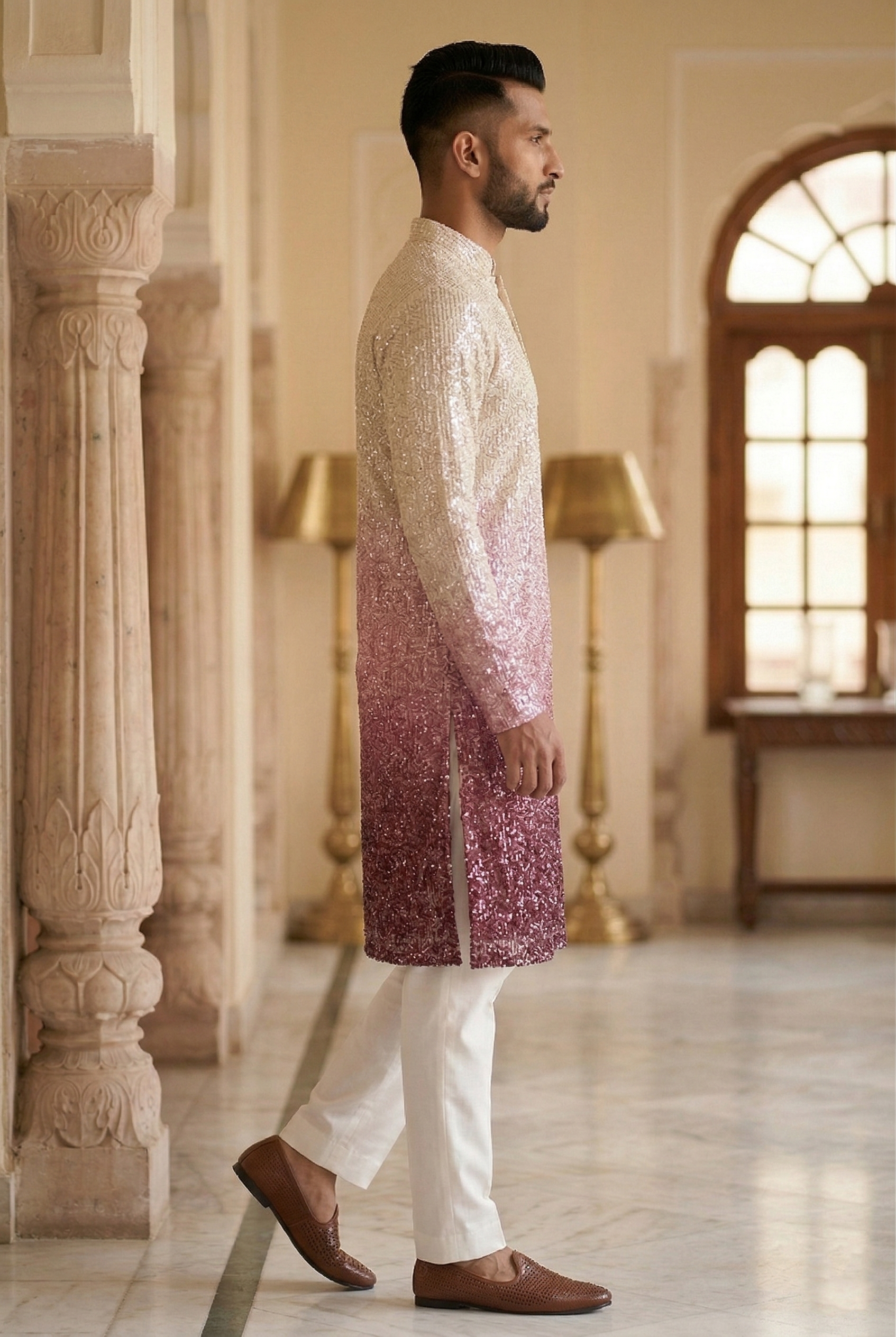 Men’s Ombre Sequin Designer Kurta Pajama in Wine & Cream