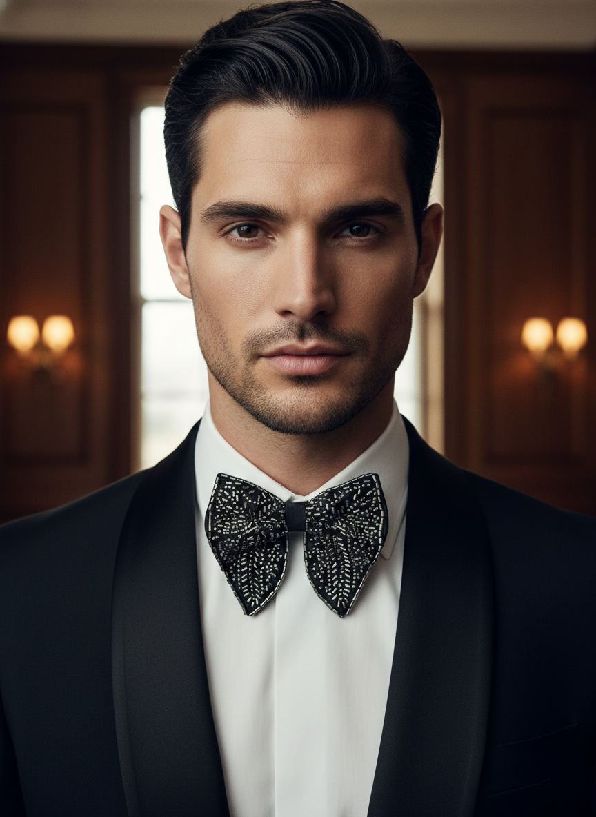Elegant Black Bowtie with Intricate Silver Bugle Beadwork Pattern