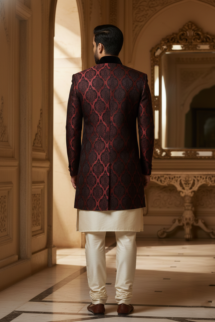 Maroon Velvet Accented Asymmetric Sherwani