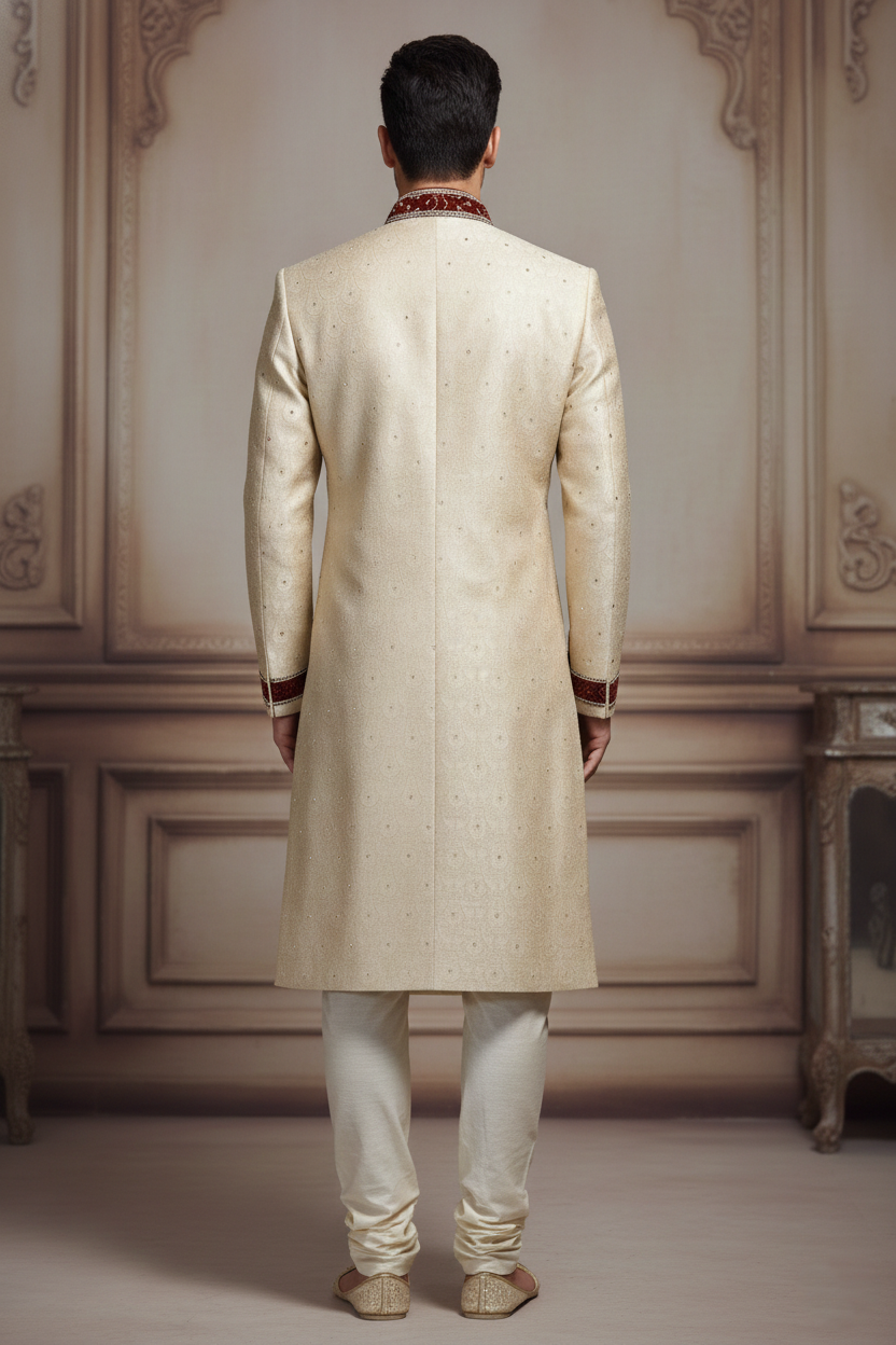 The Crimson Crest: Ivory & Maroon Accented Sherwani