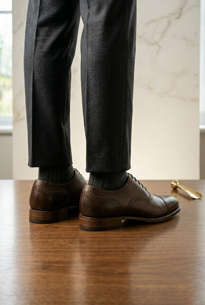 Men's Premium Dark Brown Leather Cap-Toe Oxford Brogue Shoes