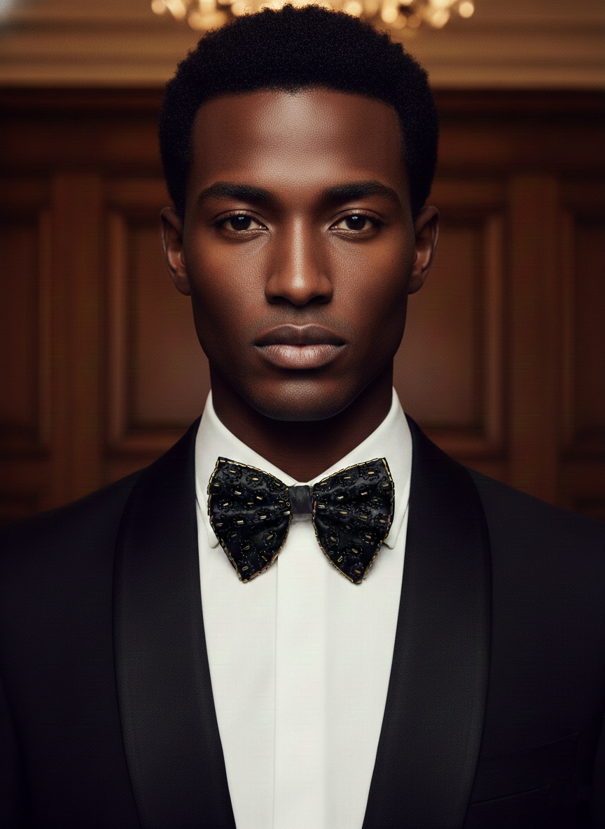 Glamorous Black and Gold Beaded Leopard Pattern Bow Tie