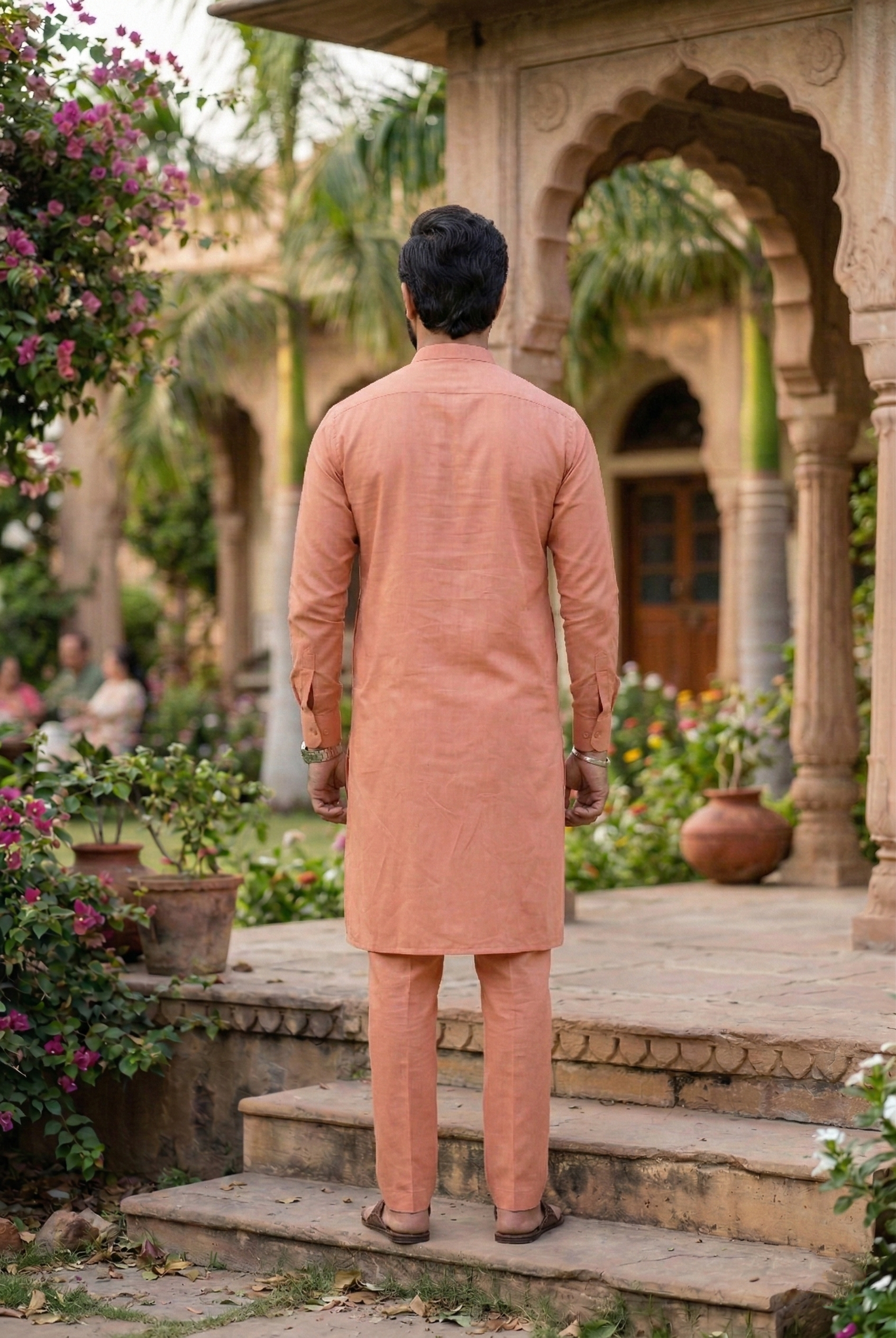 Men's Peach Cotton Silk Plain Kurta Pajama Set
