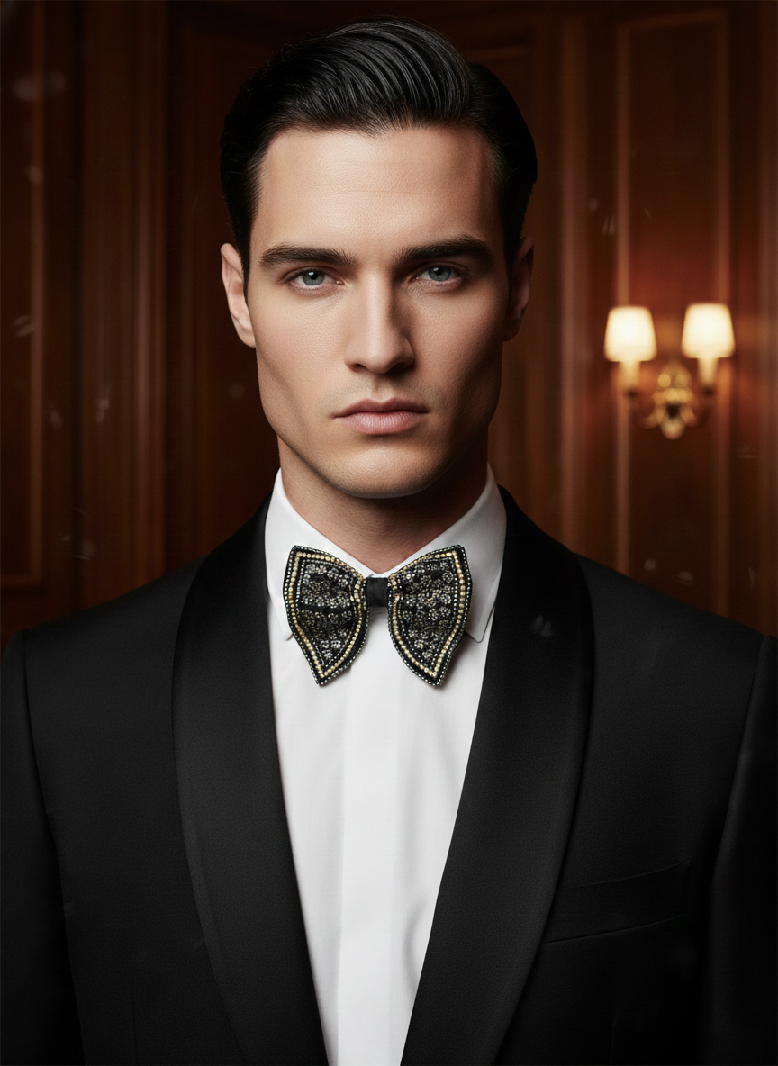 Glamorous Silver Gold and Black Beaded Luxury Bow Tie