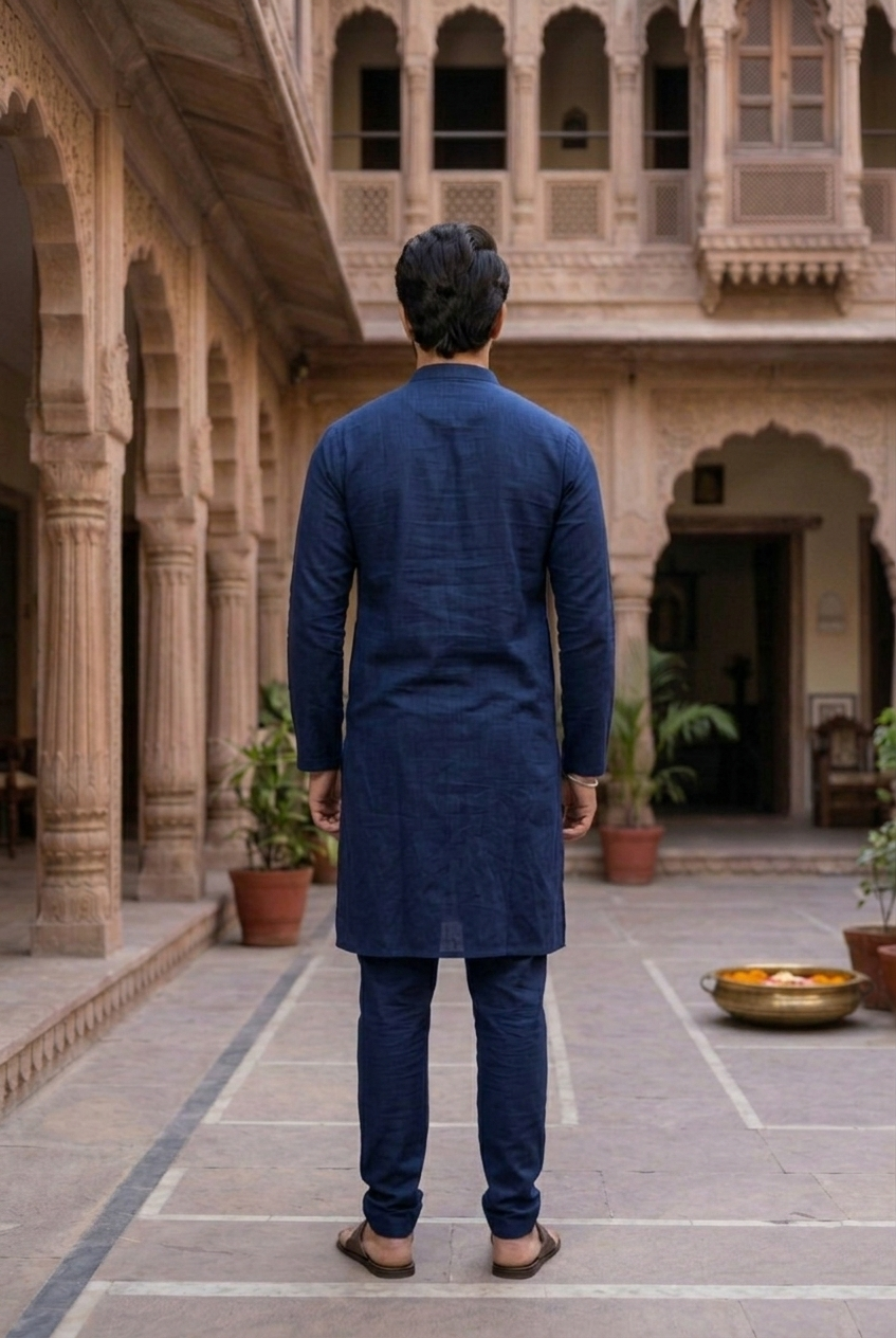 Men's Navy Blue Cotton Silk Plain Kurta Pajama  Set