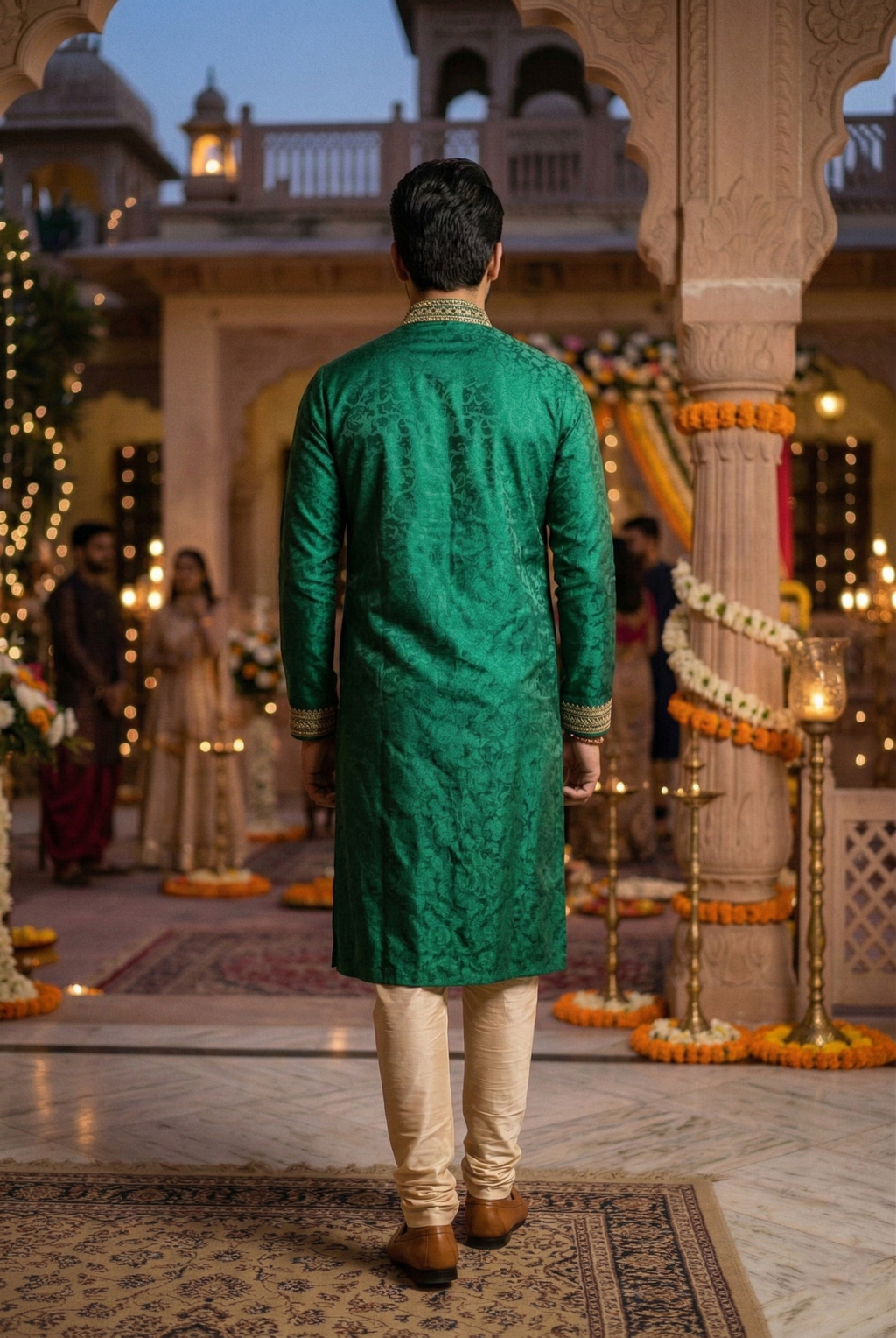 Men's Emerald Green Silk Kurta with Gold  Embroidery