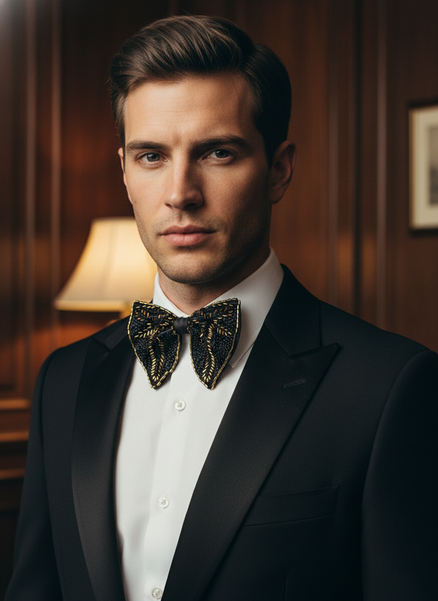 Exquisite Black and Gold Embellished Statement Bow Tie