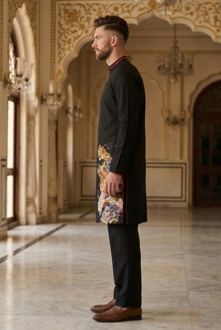 Men's Black Embroidered Tiger Motif Designer Kurta  Pajama