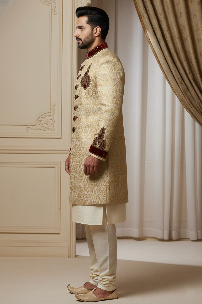 The Imperial Gilded Velvet: Asymmetrical Designer Sherwani