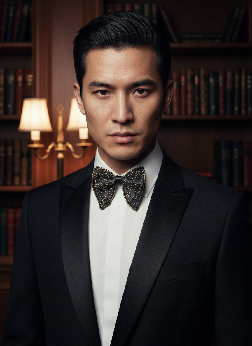 Elegant Black Bowtie with Gold and Silver Bead Embroidery
