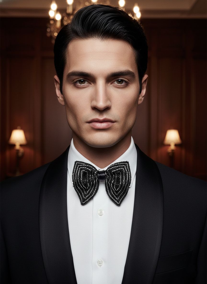striking Black and Silver Beaded Chevron Luxury Bow Tie