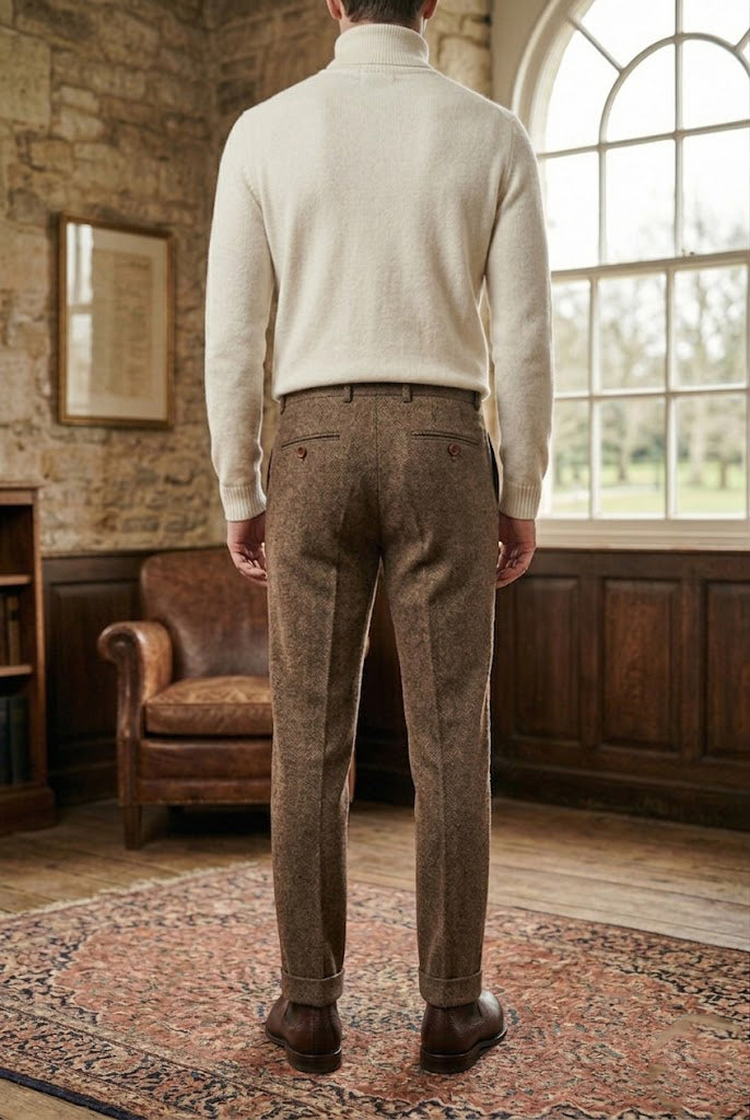 Men's British Tan Herringbone Tweed Tailored  Trousers