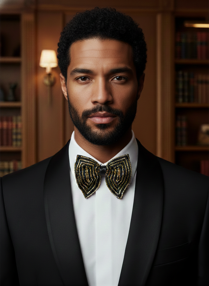 Striking Gold and Black Beaded Chevron Statement Bow Tie