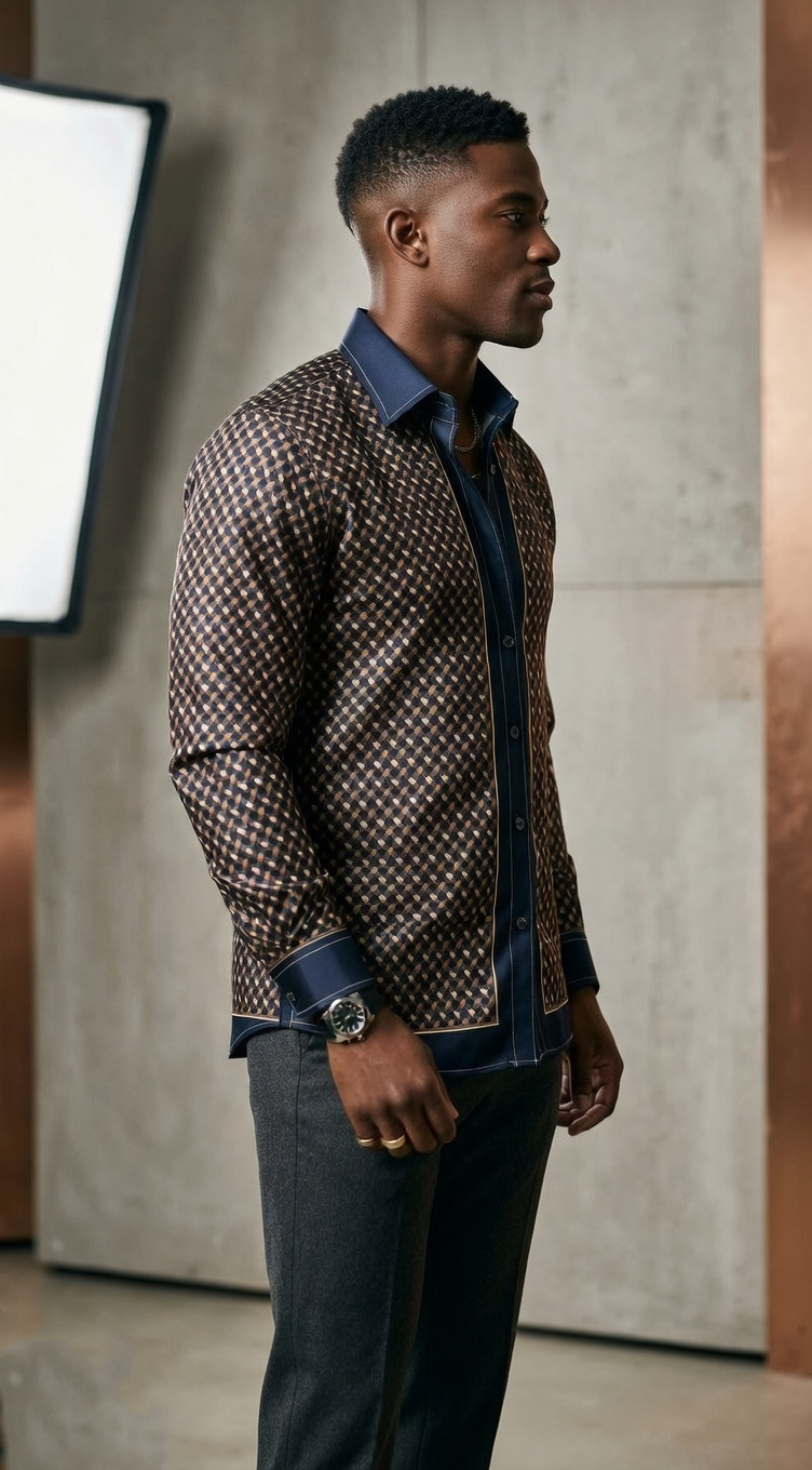 Men’s Designer Engineered Silk-Sateen Scarf-Print Shirt – Midnight & Bronze Gold