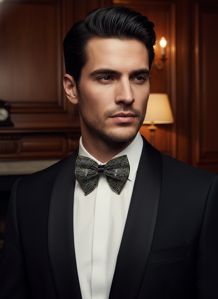 Luxurious Silver Gold and Black Beaded Bow Tie Accessory