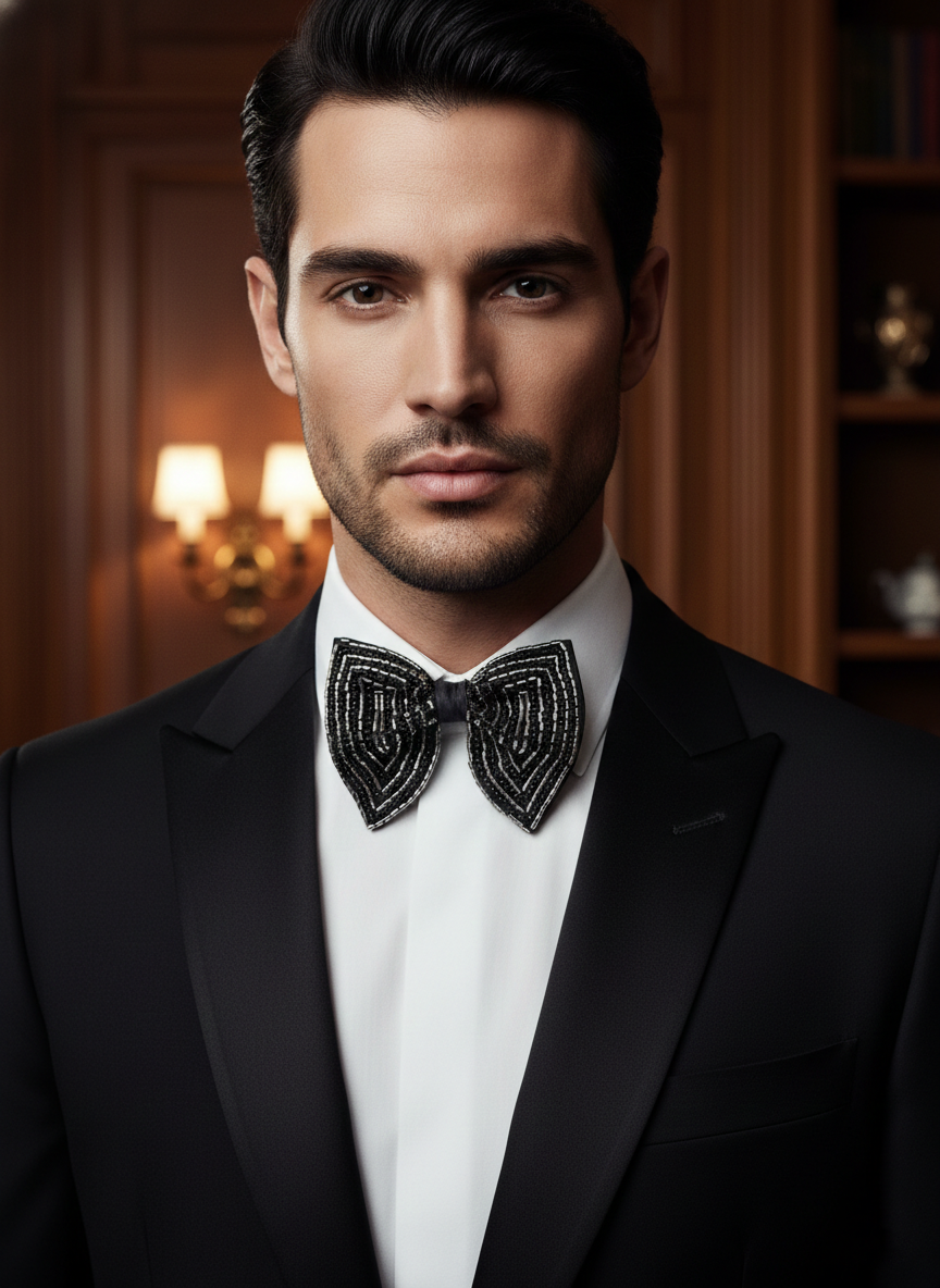 Elegant Silver and Black Beaded Chevron Bow Tie Accessory
