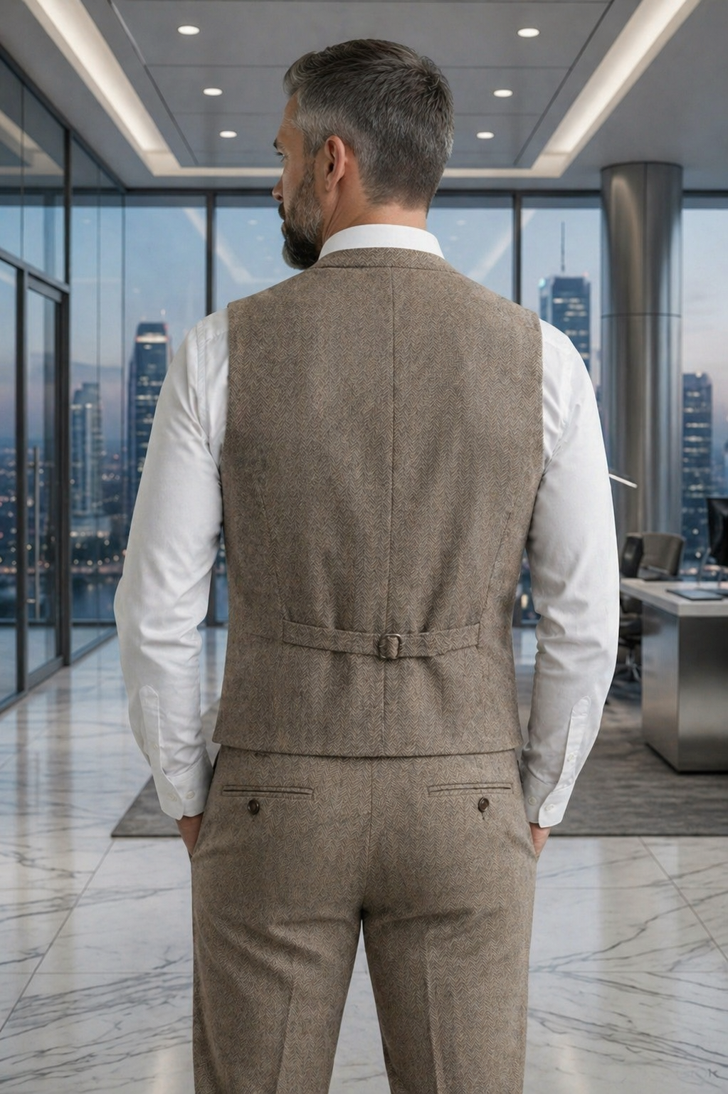 Men's Slim Fit Tweed Waistcoat Vintage Lapel Dress Suit Vest Khaki Beige