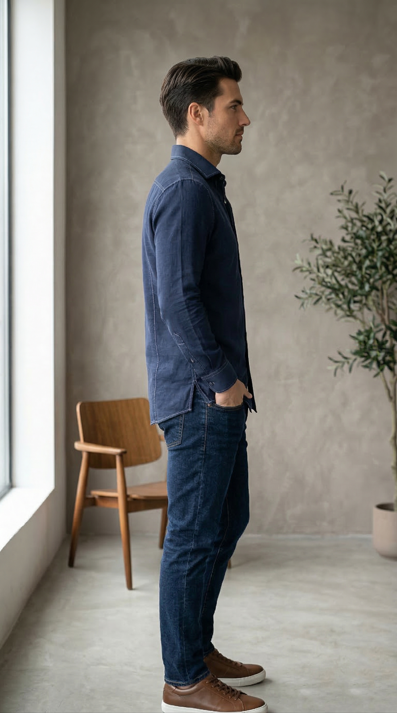 Men’s Deep Indigo Denim-Look Casual shirt with Contrast Topstitching