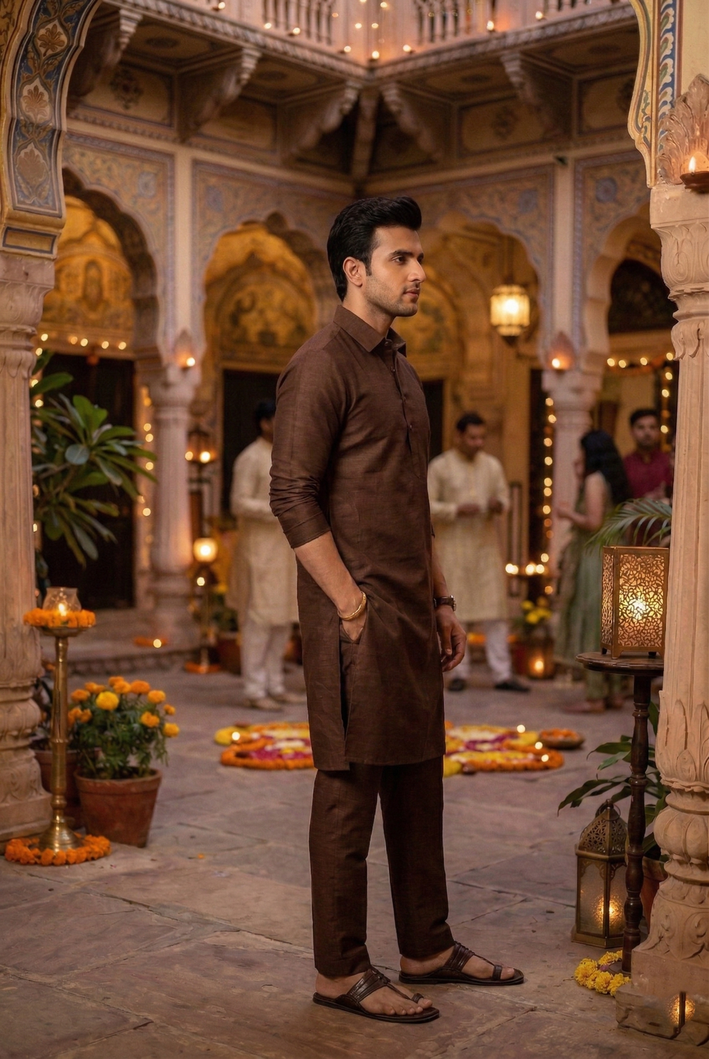 Men's Chocolate Brown Silk-Blend Plain Kurta  Pajama Set