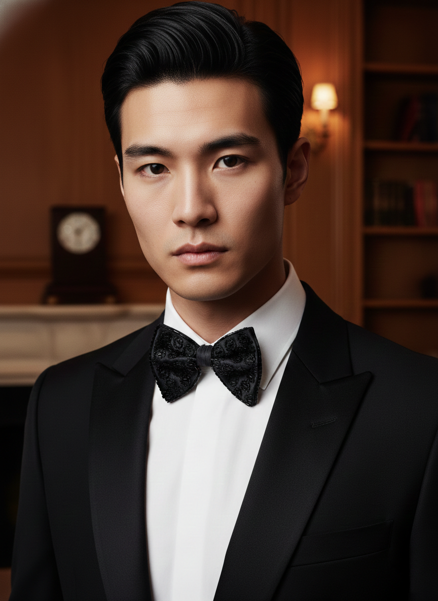 Sophisticated All Black Beaded Leopard Pattern Luxury Bow Tie