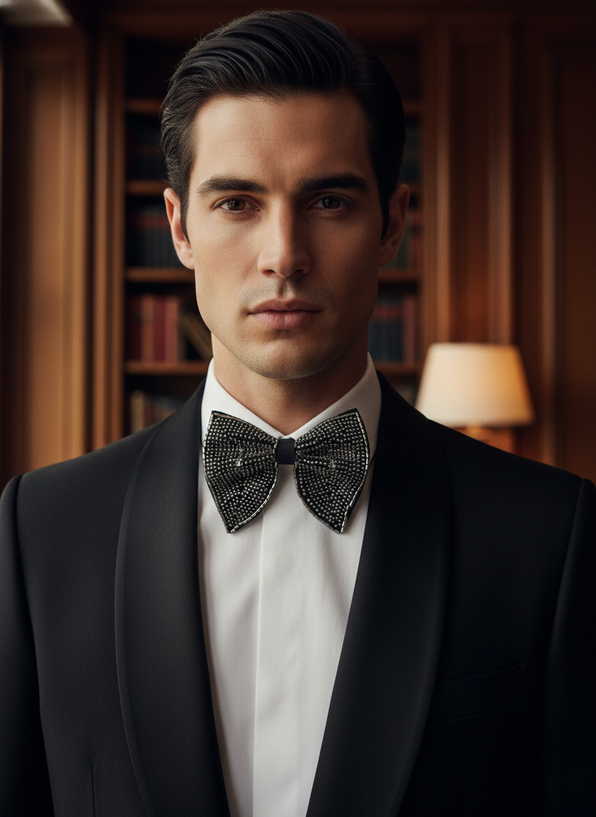 Sophisticated Black Bowtie with Radiant Silver Bugle Bead Embellishments