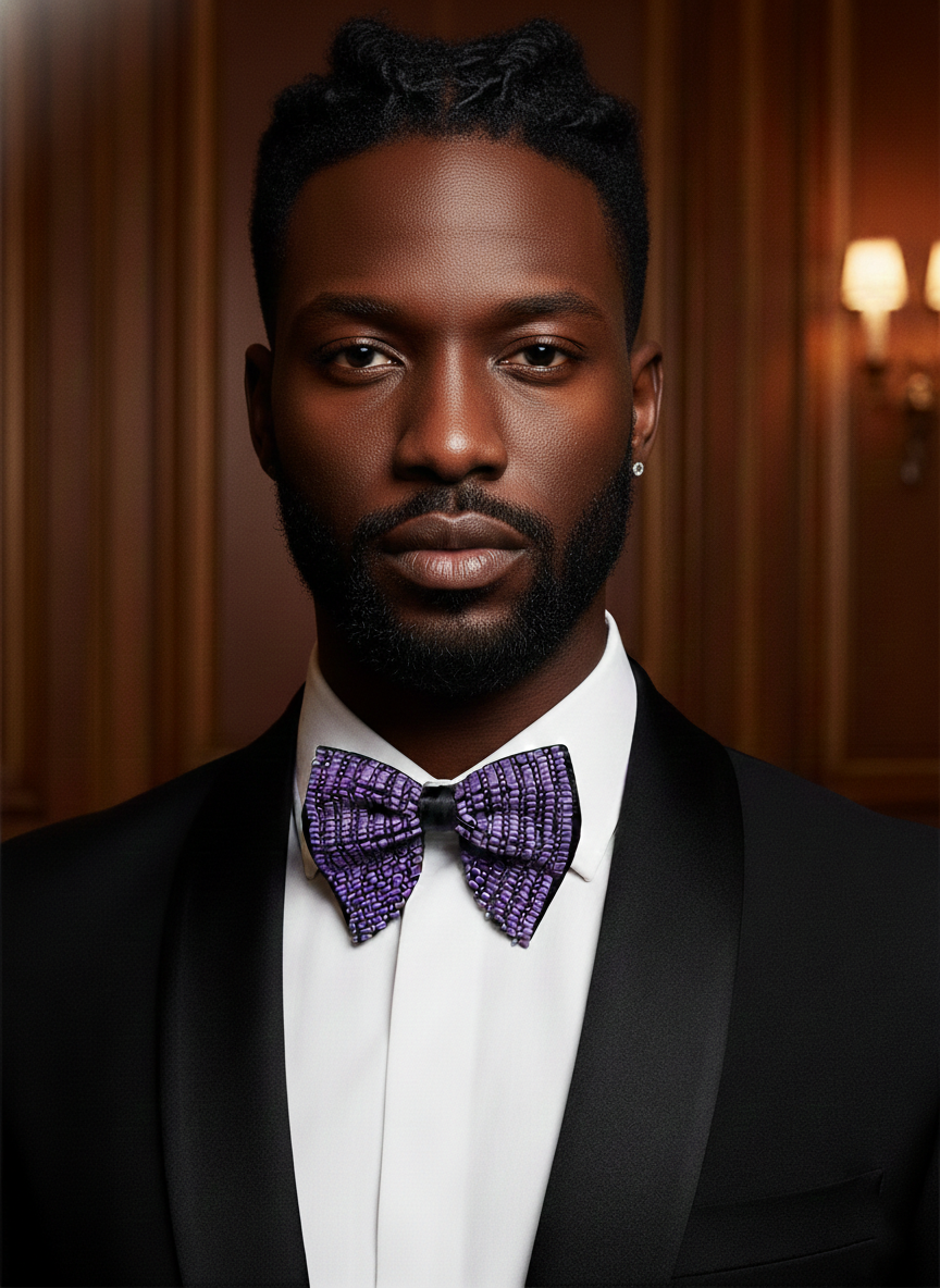 Sophisticated Black Bowtie with Striped Purple Bugle Beadwork Pattern