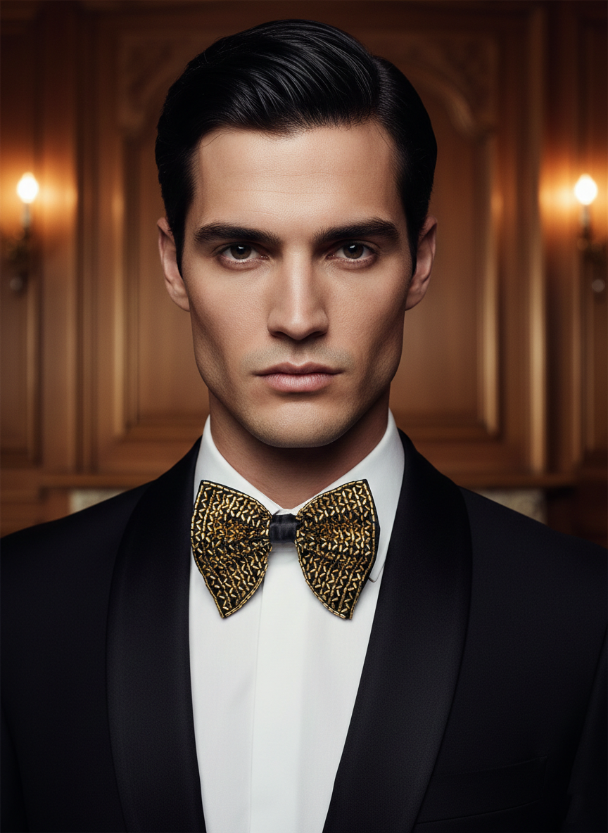 Stunning Black Bowtie with Textured Gold Bugle Bead Mosaic