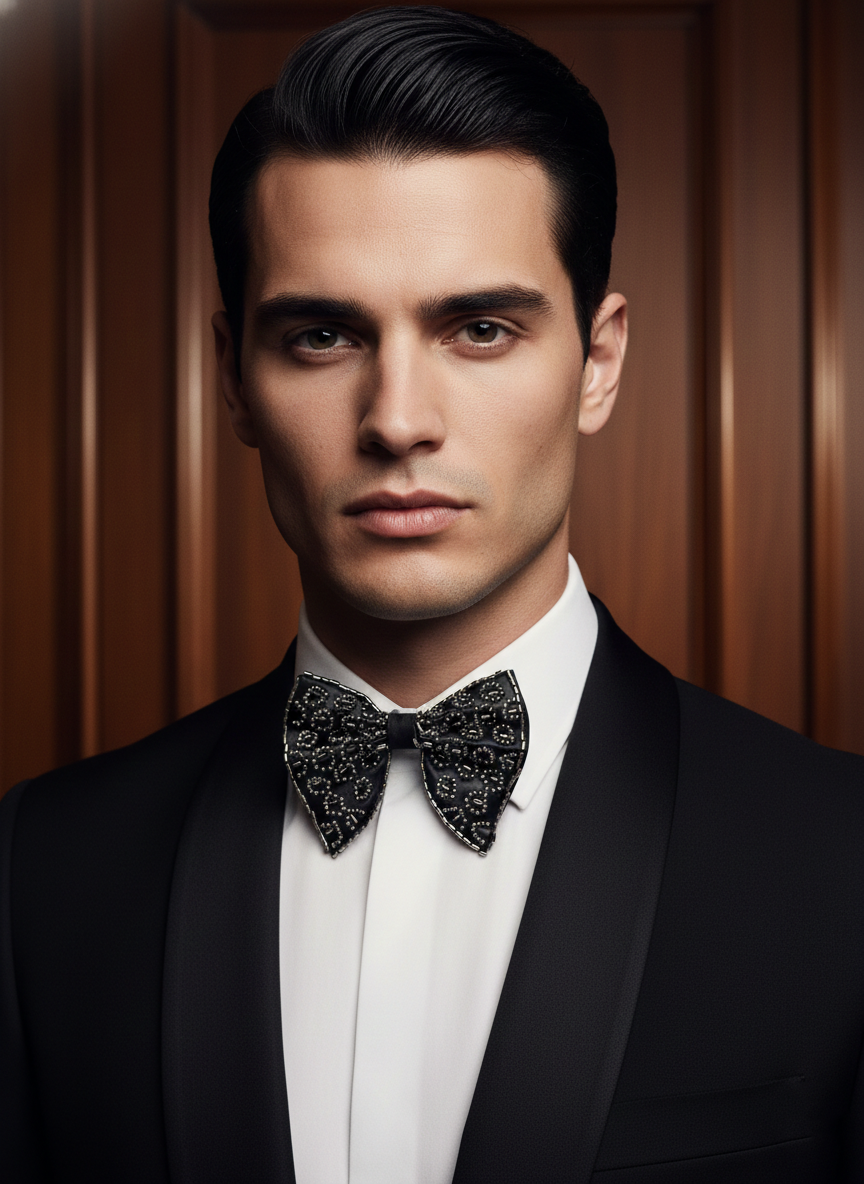 Chic Black Bowtie Featuring Silver Leopard Print Beadwork