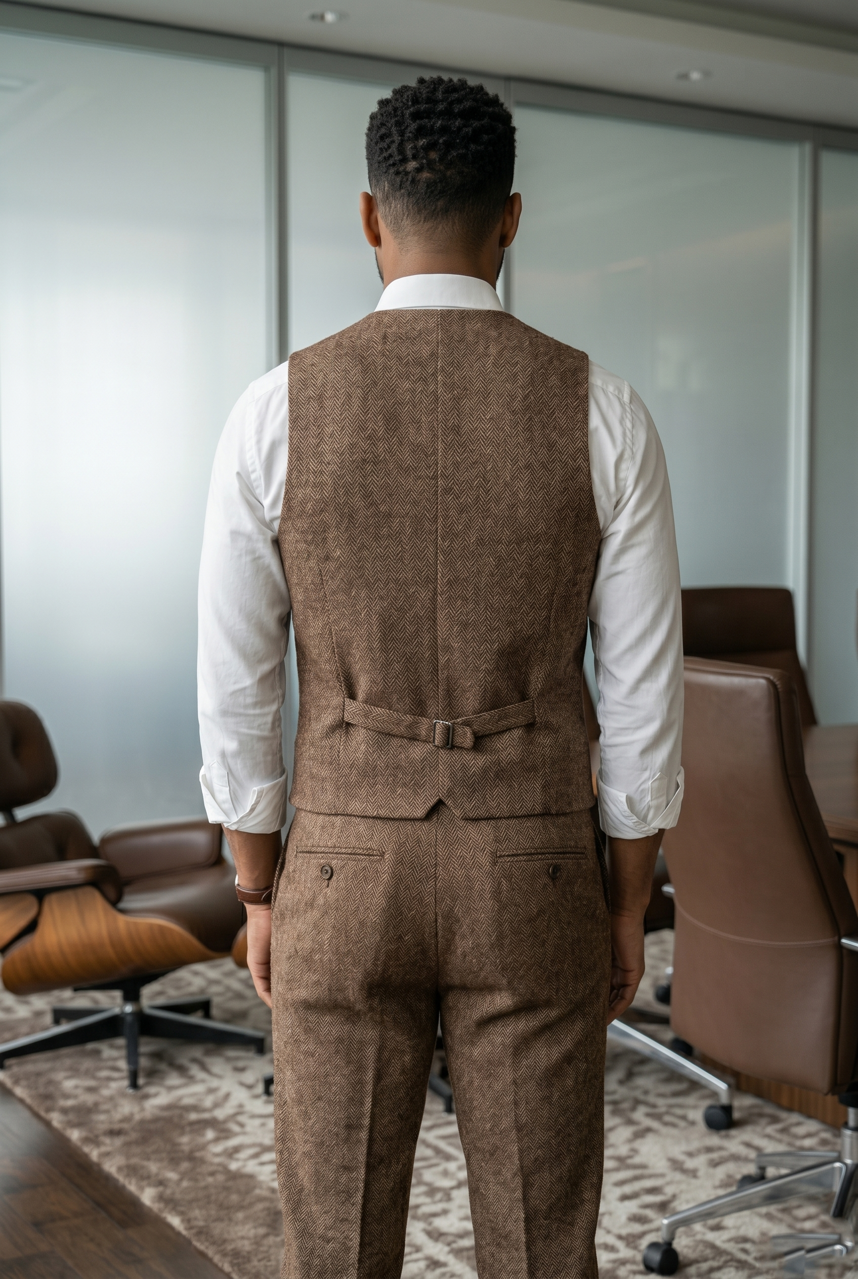 Men's Slim Fit Tweed Waistcoat Vintage Lapel Dress Suit Vest Chocolate Brown