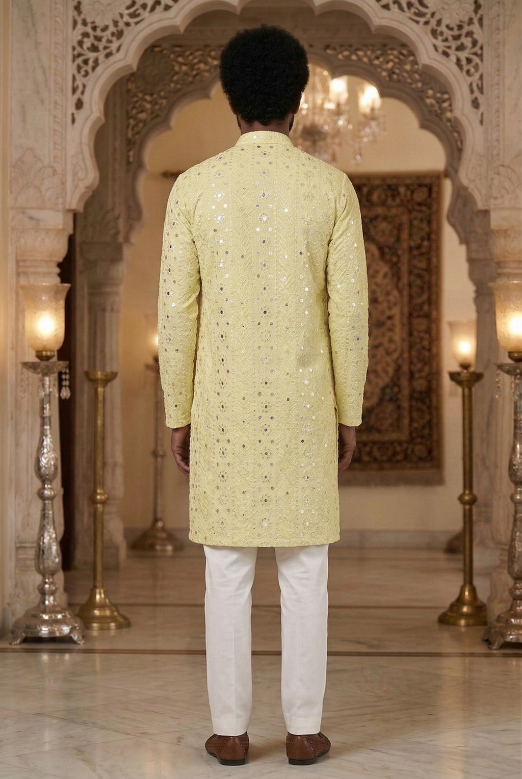 Men’s Lemon Yellow Mirror Work Partywear Kurta Pajama