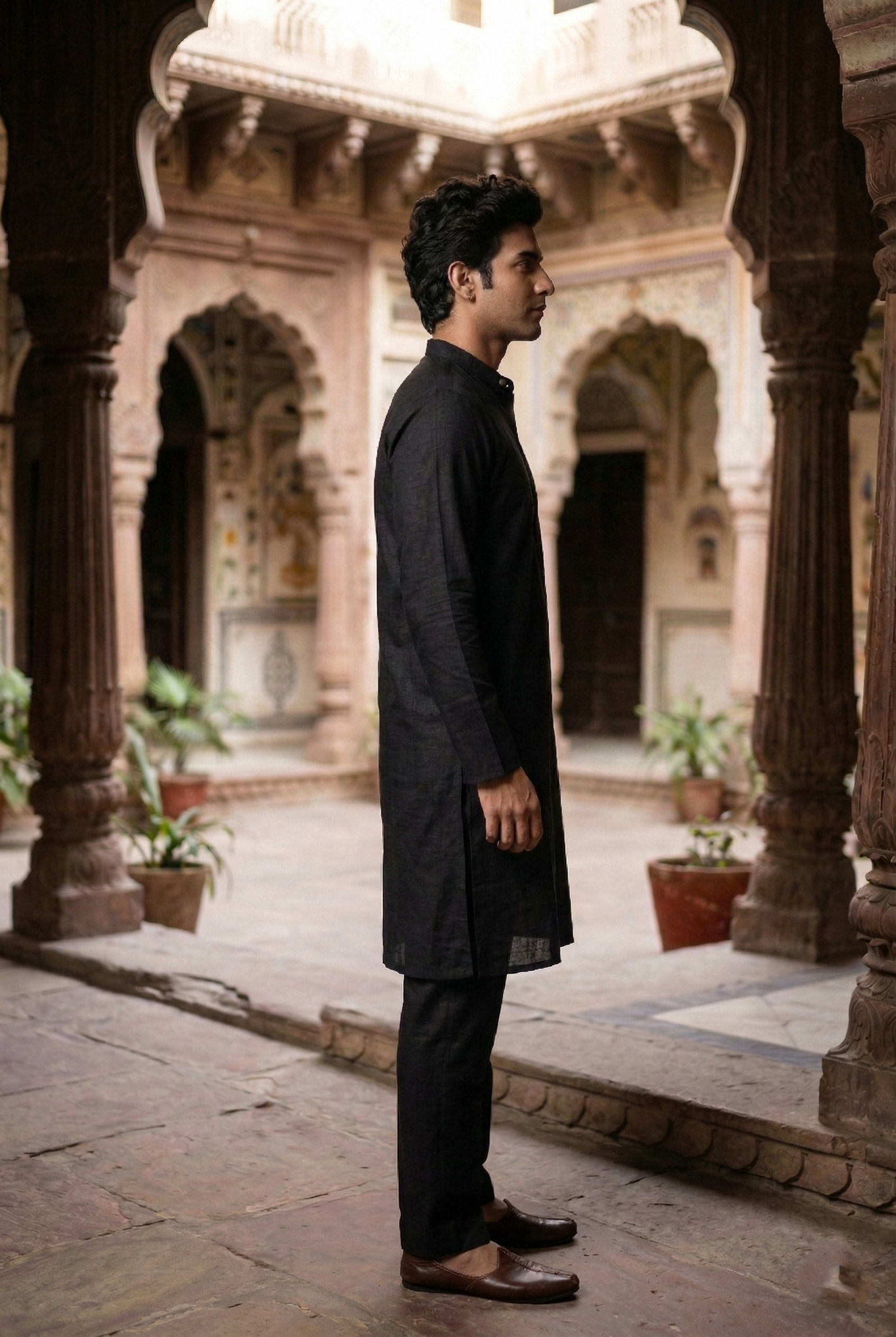 Men's Jet Black Linen-Blend Plain Kurta Pajama Set