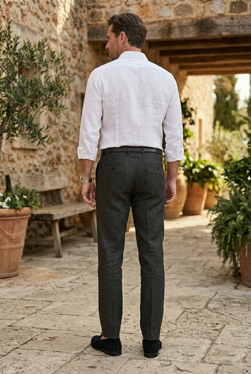 Men's Tailored Slim-Fit Linen Trousers in  Black