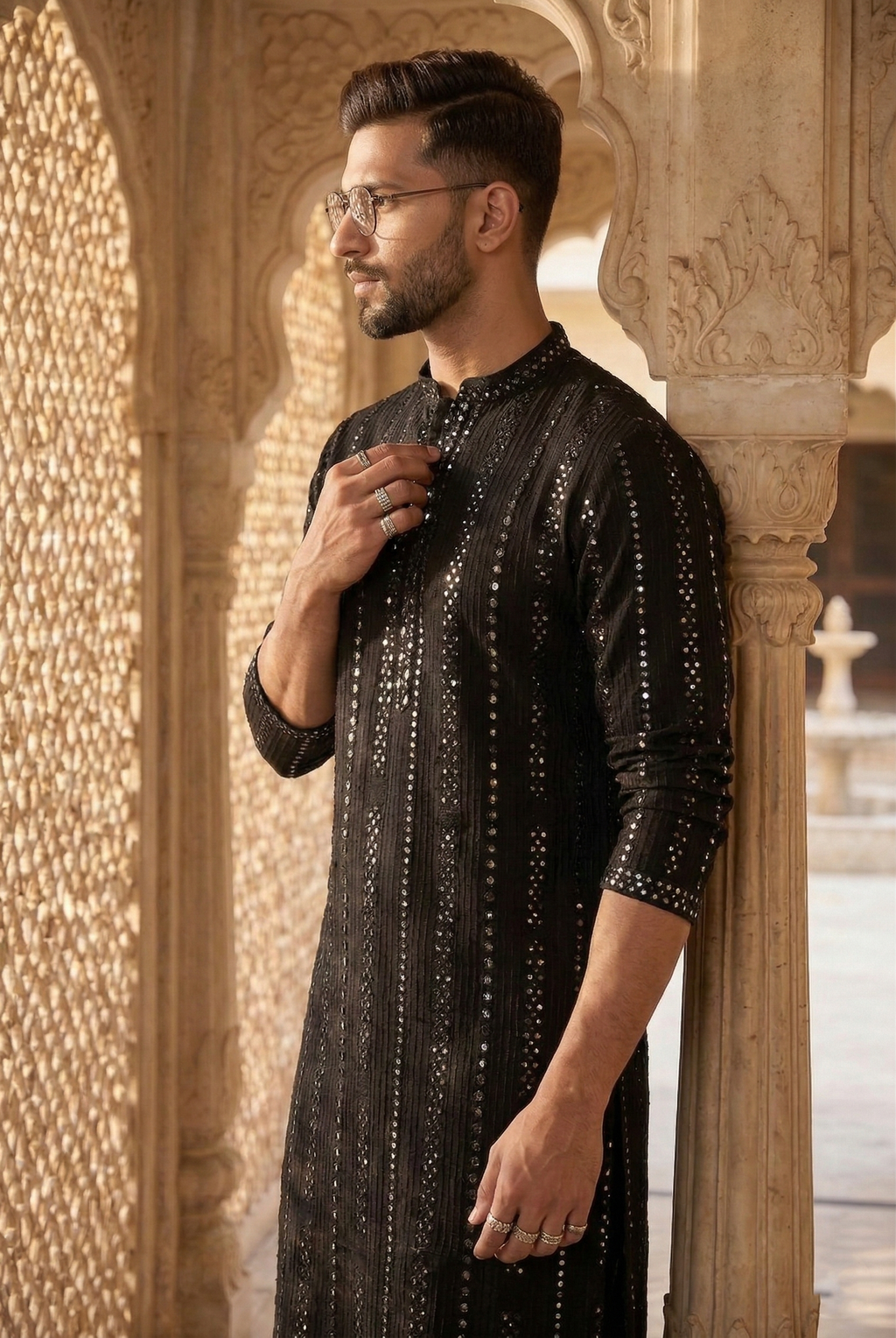 Men’s Midnight Black Sequin Partywear Kurta Pajama