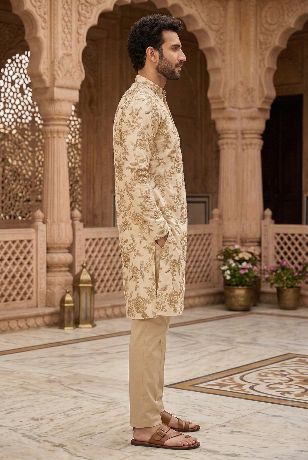 Men's Cream Floral Embroidered Partywear  Kurta Pajama