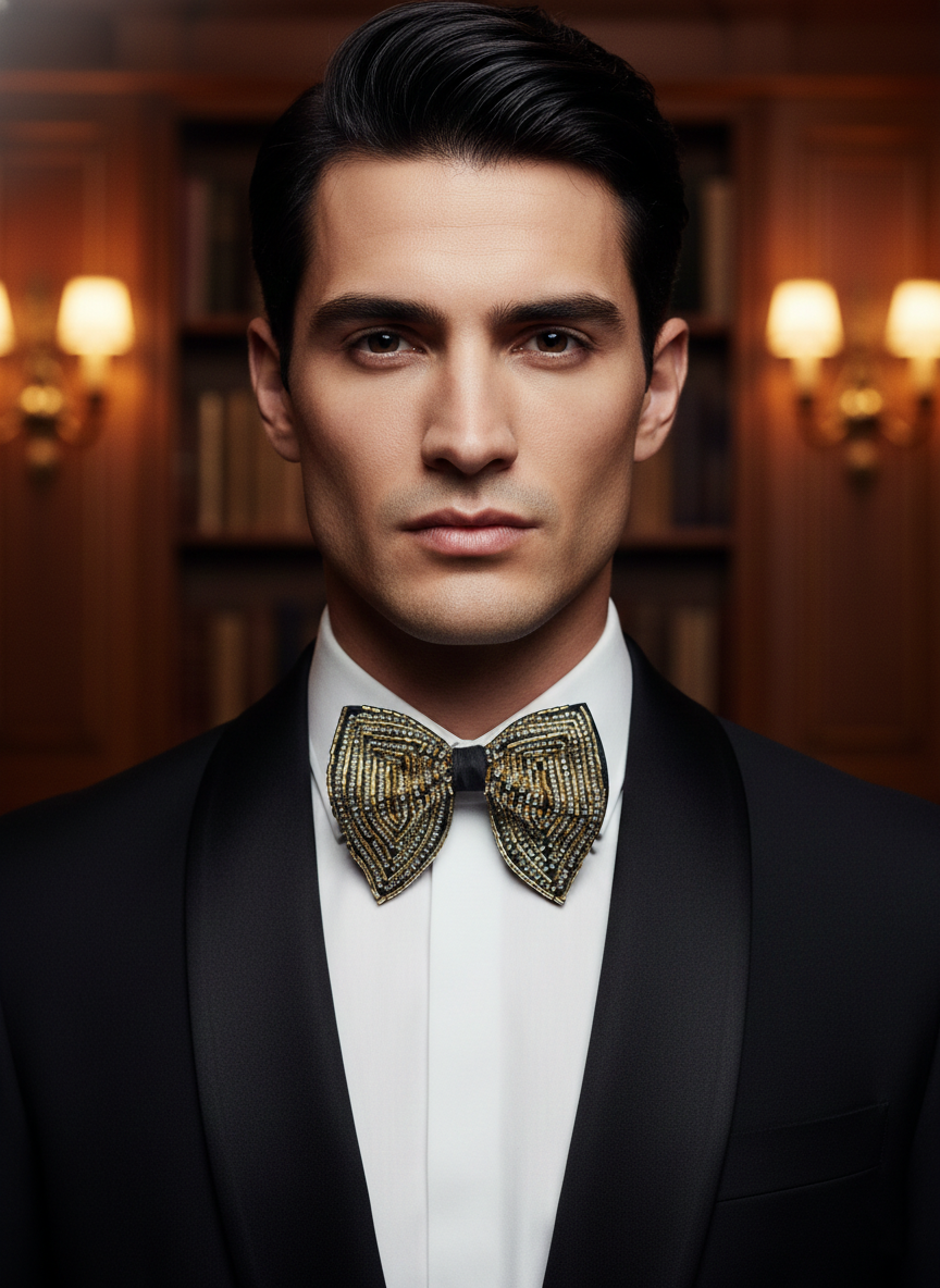 Magnificent Gold Silver and Black Beaded Statement Bow Tie