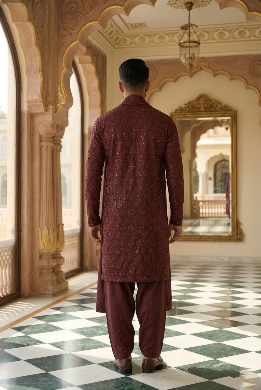 Men's Wine Geometric Sequin Designer Kurta  Pajama