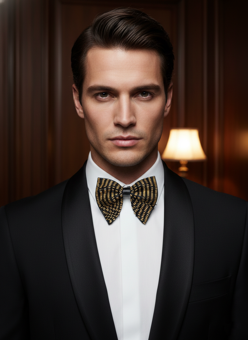 Elegant Black and Gold Beaded Bow Tie Luxury Accessory