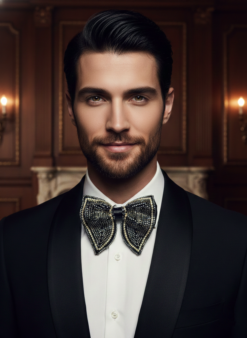 Glamorous Silver Gold and Black Beaded Luxury Bow Tie