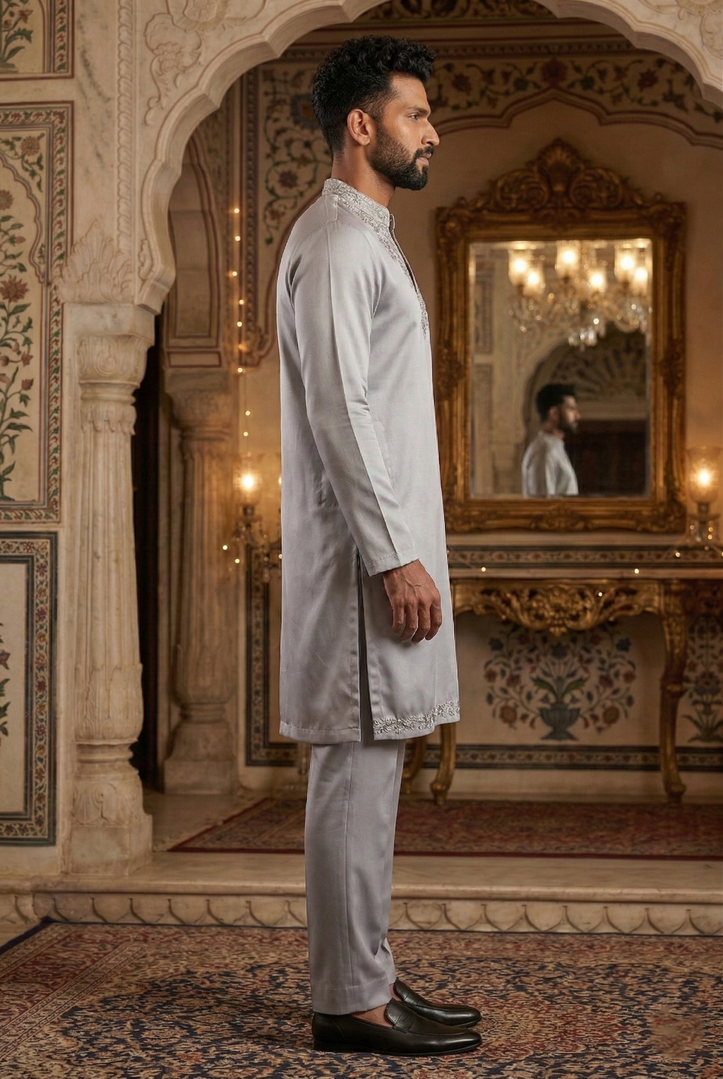 Men’s Silver Silk-Blend Partywear Kurta Pajama