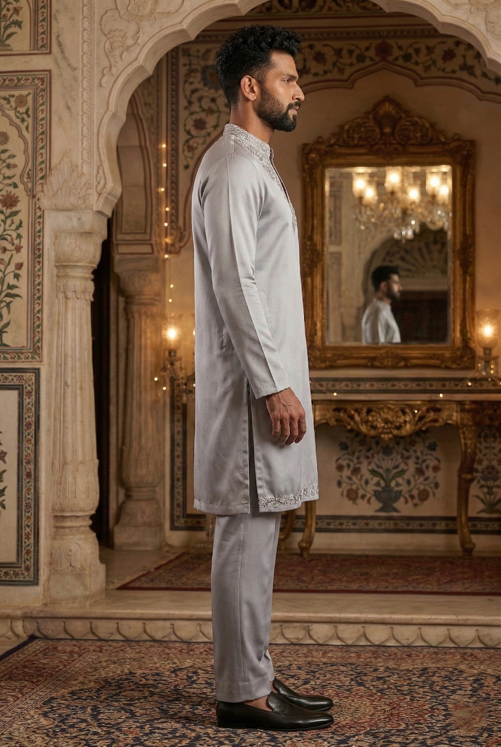 Men’s Silver Silk-Blend Partywear Kurta Pajama