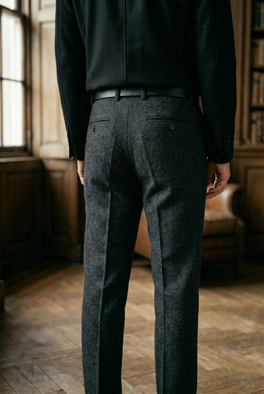 Men's Dark Charcoal Herringbone Tweed Cuffed  Trousers