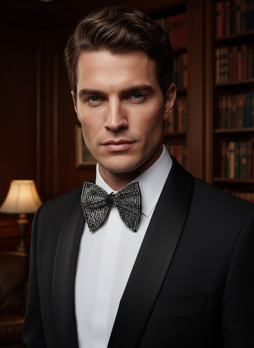 Stunning Black Bowtie with Textured Silver Bugle Bead Mosaic