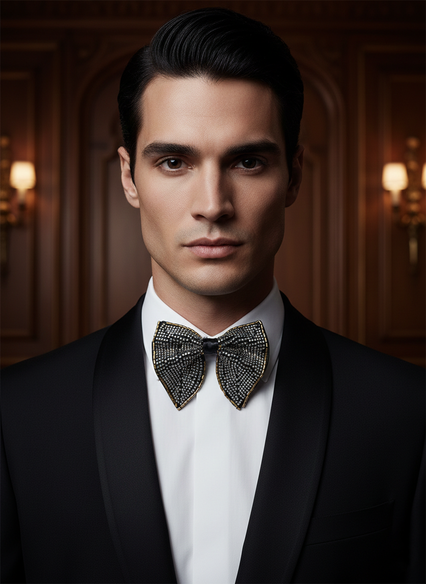 Elegant Silver Gold and Black Beaded Statement Bow Tie