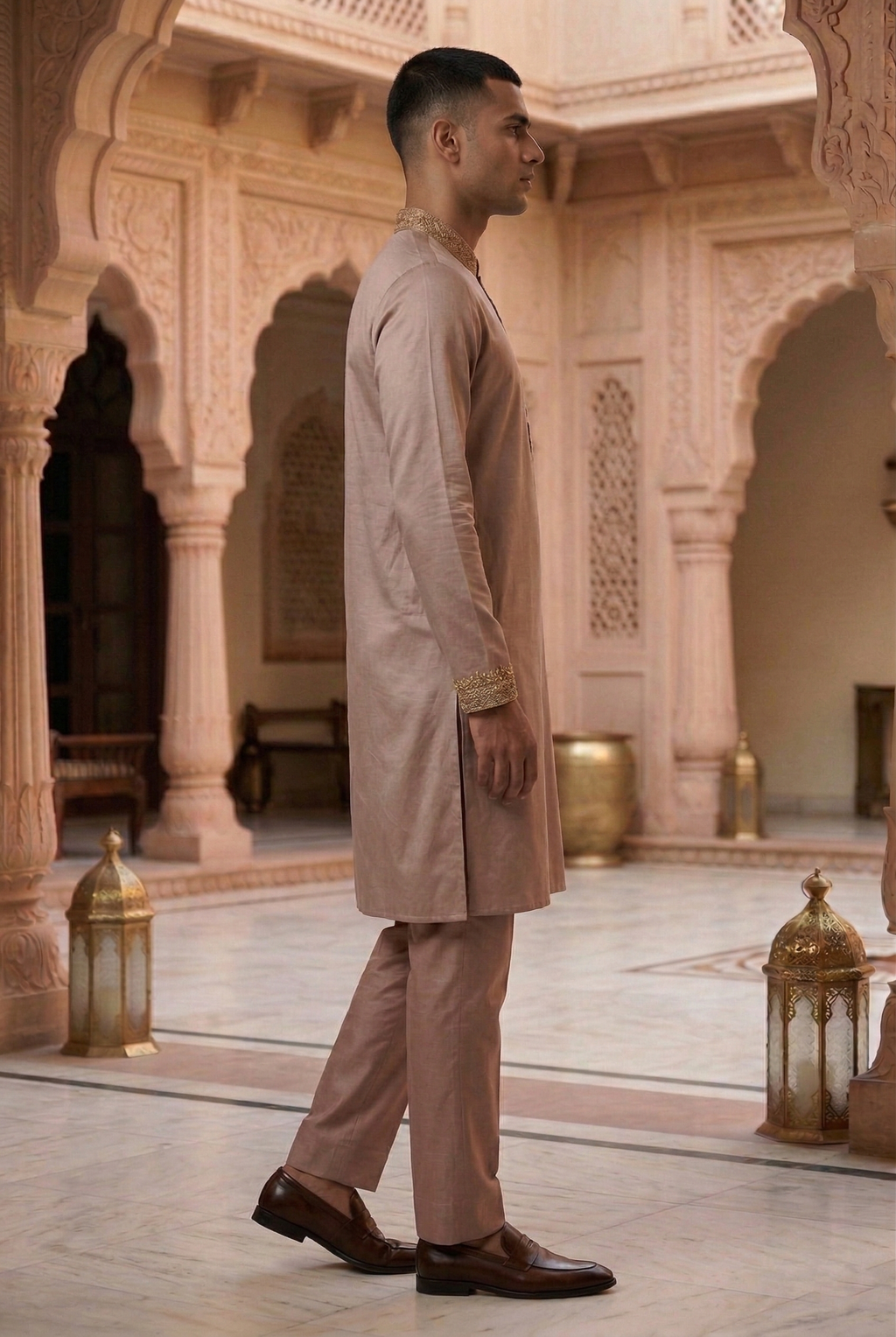 Men’s Taupe Silk Partywear Kurta Pajama Set