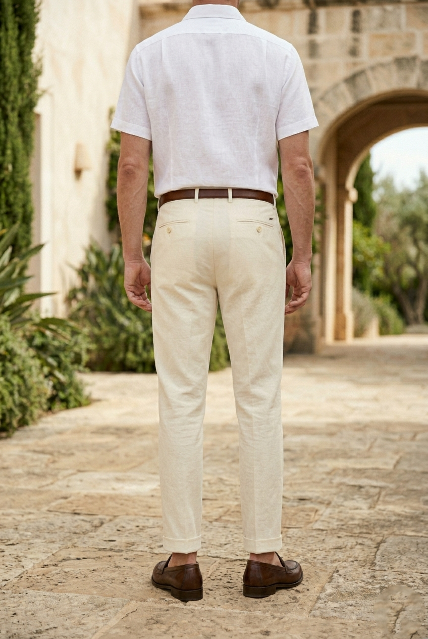 Men's Tailored Slim-Fit Linen Trousers in  Off-White