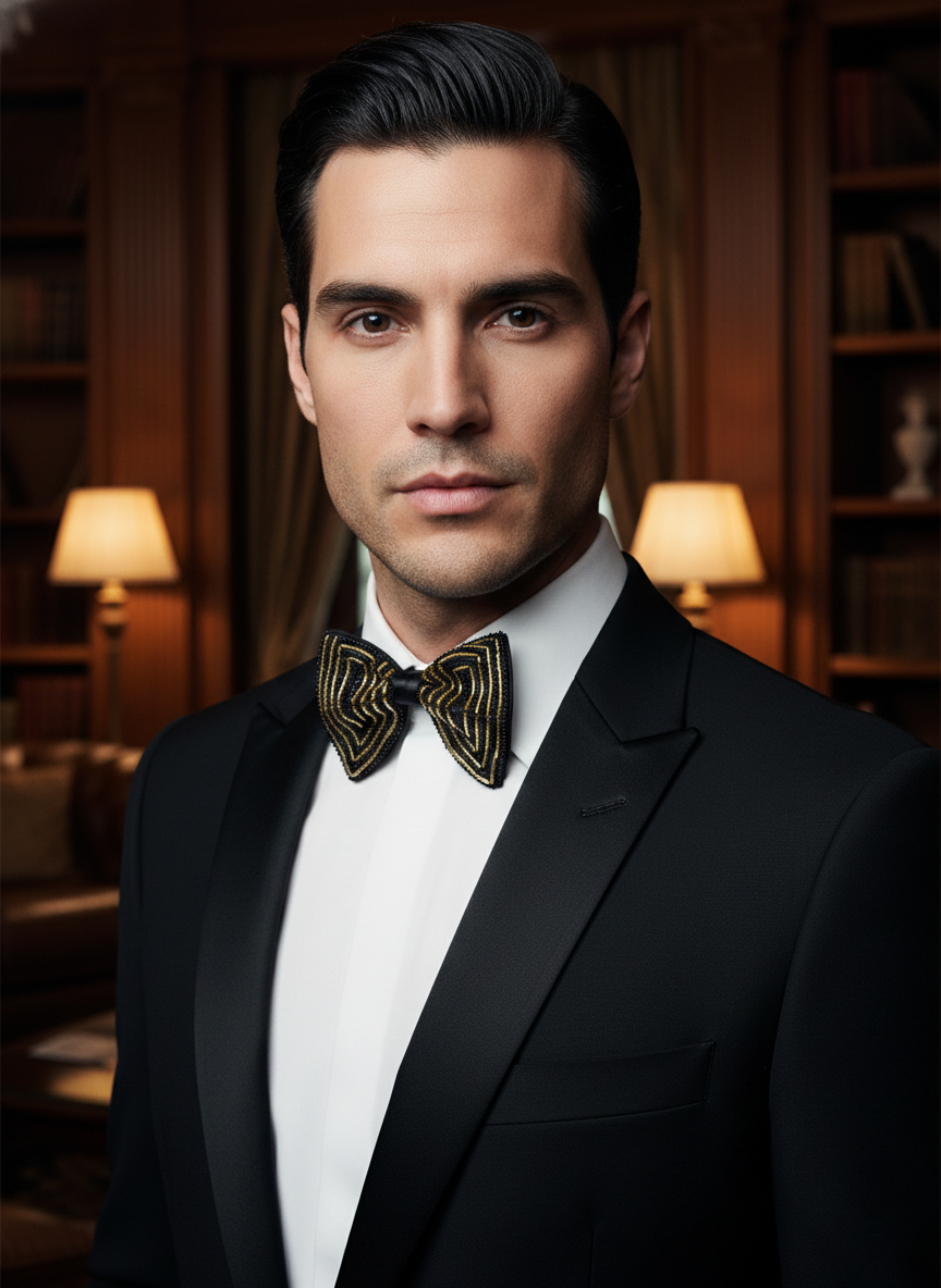 striking Gold and Black Beaded Chevron Statement Bow Tie