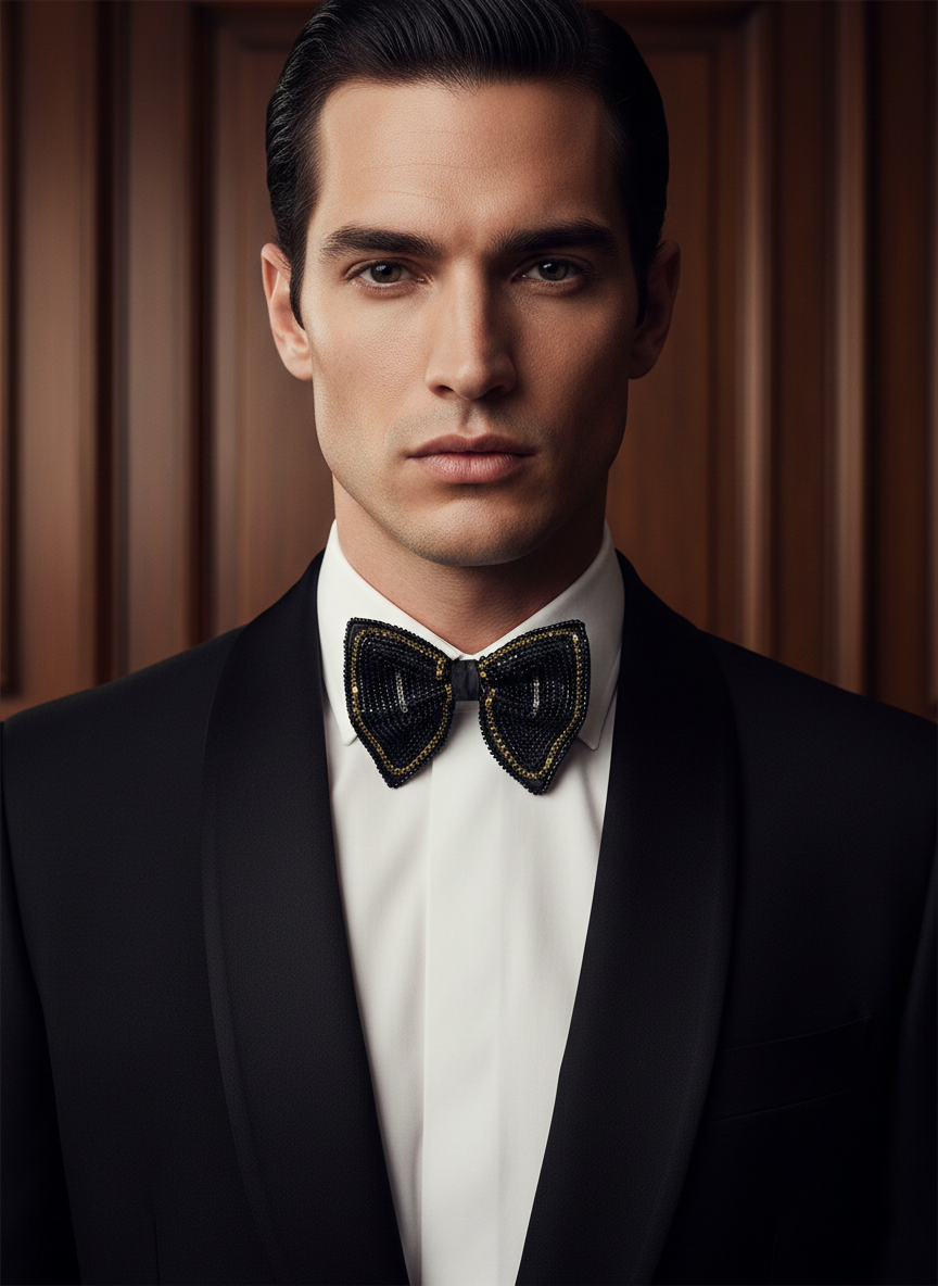 Glamorous Black Gold and Silver Beaded Luxury Bow Tie